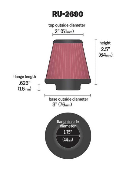 K&N Engineering K&N Filter Universal Rubber Filter 1 3/4 inch Flange 3 inch Base 2 inch Top 2.5 inch Height