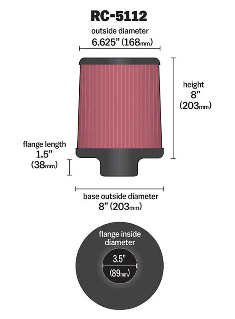 K&N Engineering K&N Filter Universal Rubber Filter 3.5in Flange 6.625in Top 8in Height Center Hole
