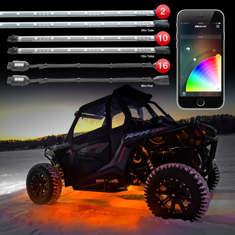 XKGLOW XK Glow Million Color XKCHROME App Controlled Offroad UTV Kit 2x24In Tube + 10x12In Tube + 16xPods