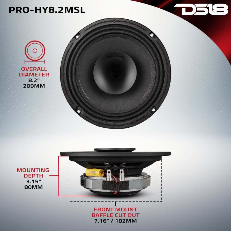 DS18 8in 200 Watts RMS 2 ohm Mid-Range Loudspeaker Shallow Grill Included