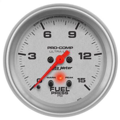 Autometer Ultra-Lite 66.7mm Full Sweep Elec 0-15 PSI Fuel Pressure w/ Peak Memory & Warning Gauge