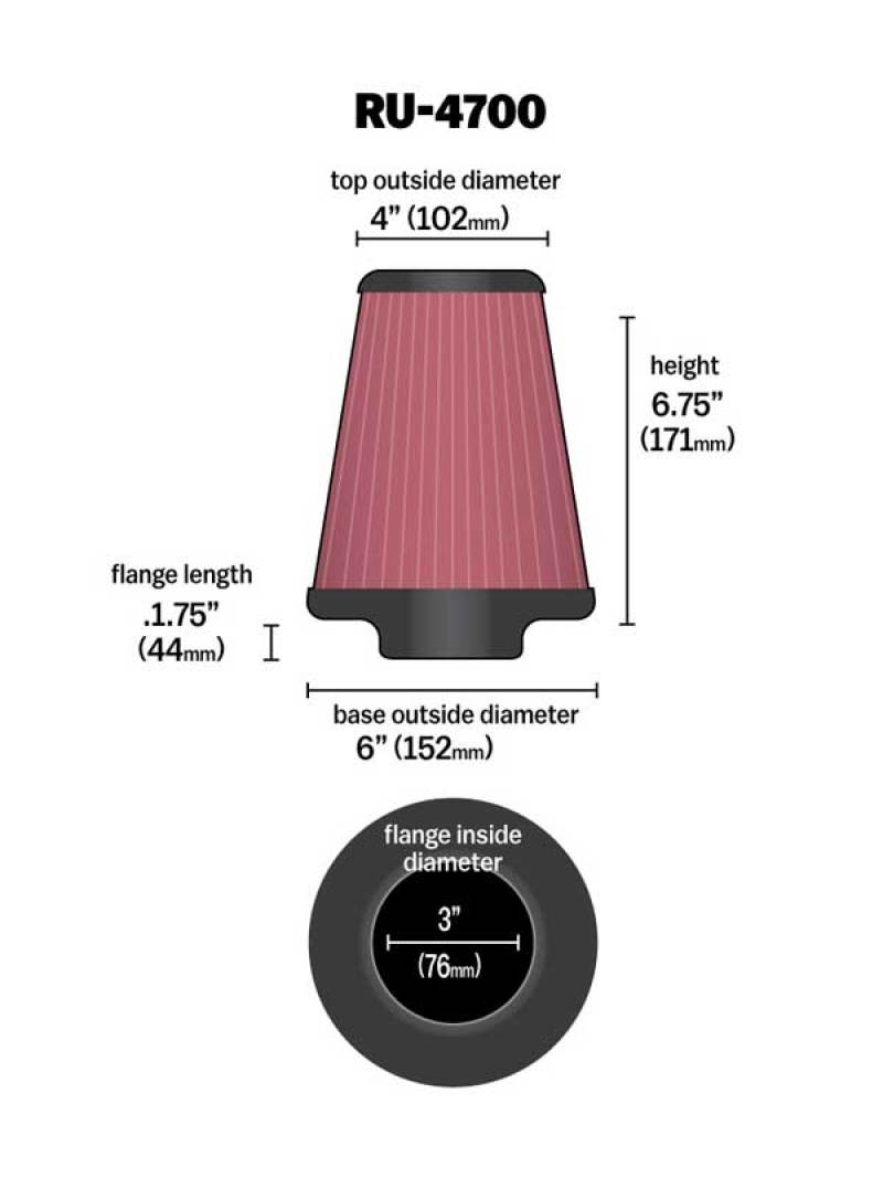 K&N Engineering K&N Universal Tapered Filter 3in Flange ID x 6in Base OD x 4in Top OD x 6.75in Height