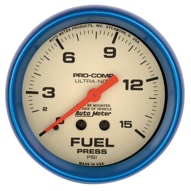 AutoMeter Gauge Fuel Press 2-5/8in. 15PSI Mech. Glow In The Dark Ultra-Nite