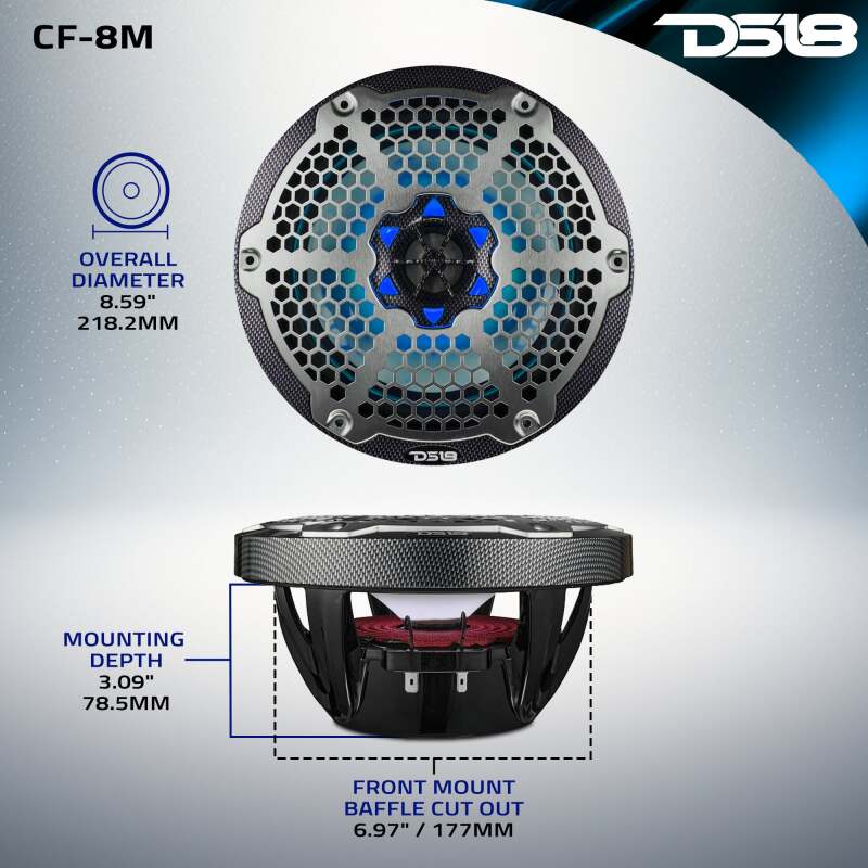 DS18 NXL-M Series Speaker w/ RGB LED Lights 8in 2-Way 125 Watts RMS 4 ohm Black Crbn Fiber w/ Cover