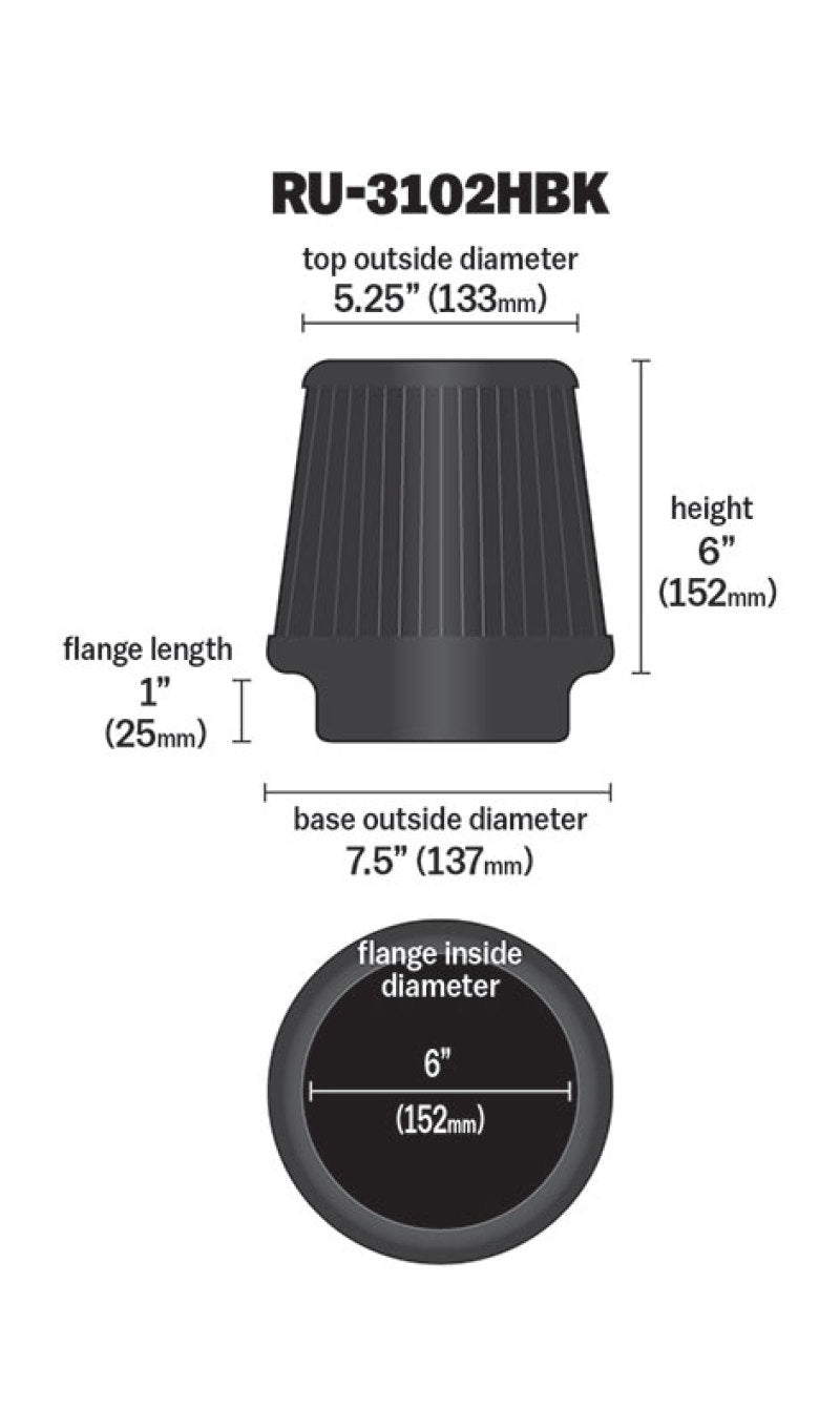 K&N Engineering K&N Universal Rubber Filter Round Tapered 6in Flange ID x 7.5in Base OD x 5.25in Top OD x 6in Height