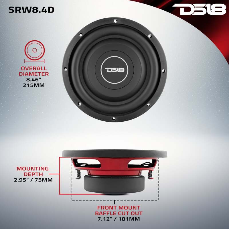 DS18 8in 150 Watts RMS 4 ohm DVC Shallow Mount Subwoofer
