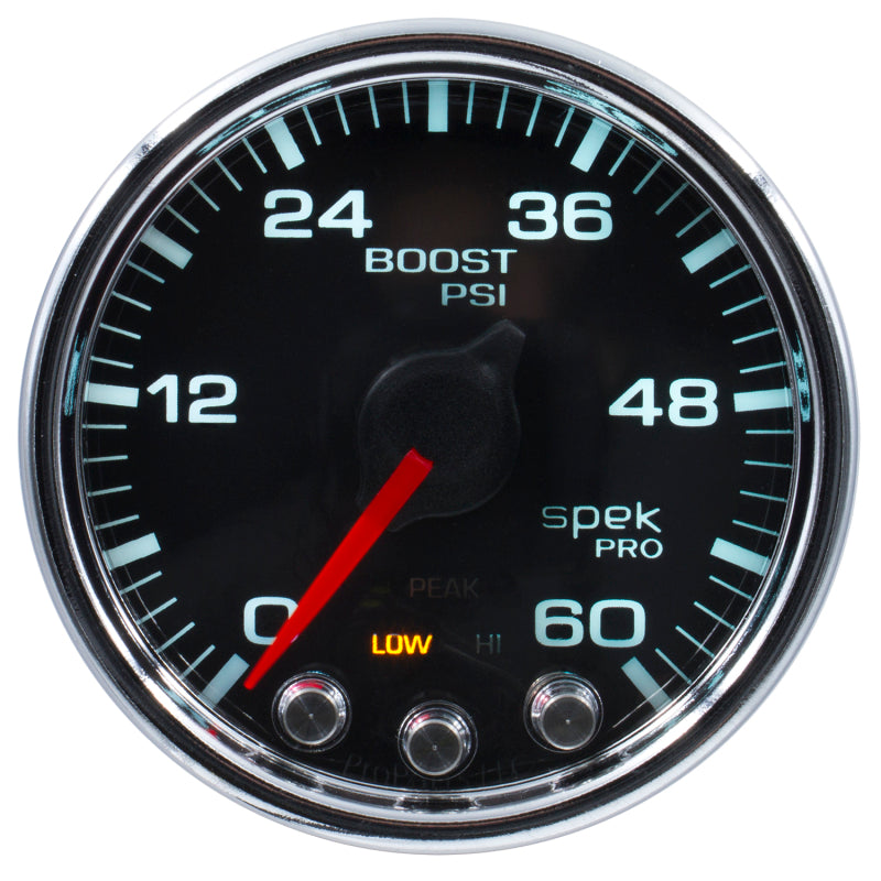 Autometer Spek-Pro Gauge Boost 2 1/16in 60psi Stepper Motor W/Peak & Warn Blk/Chrm