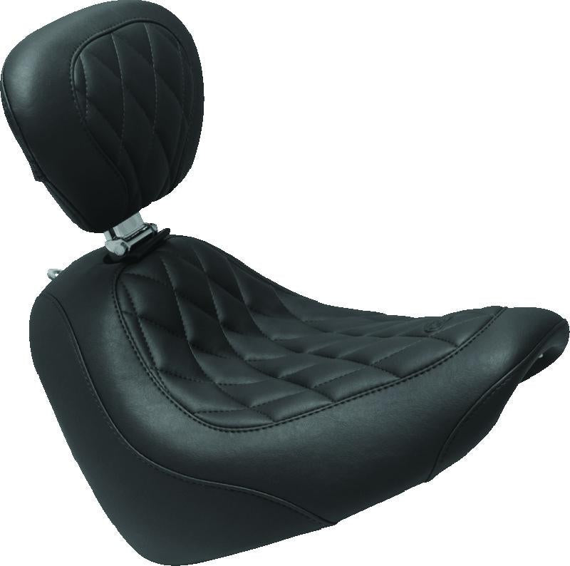 Mustang Motorcycle Mustang 18-21 Harley Fat Bob Wide Tripper Solo Seat w/Driver Backrest Diamond Stitch - Black