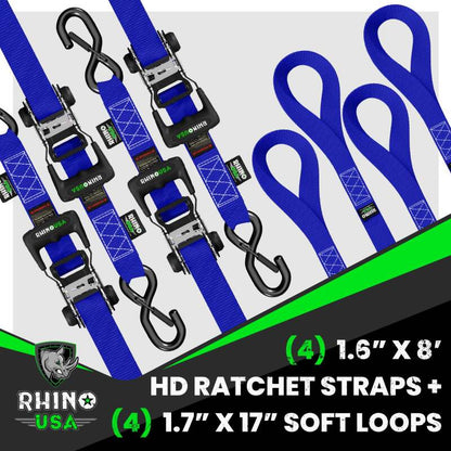 Rhino USA Heavy Duty Ratchet Tie-Down 4-Pack (Blue) 1.6In X 8Ft