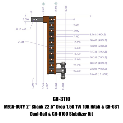 GEN-Y Hitch Gen-Y Mega Duty 2in Shank 22.5in Drop 10K Hitch w/GH-031 Dual-Ball/GH-0100 Stabilizer Kit