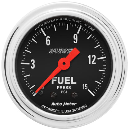 AutoMeter Gauge Fuel Pressure 2-1/16in. 15PSI Mechanical Traditional Chrome