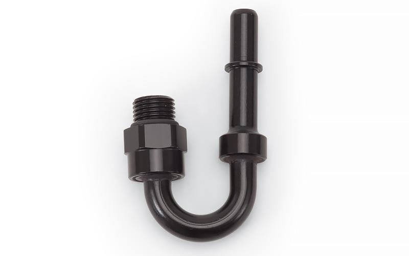 Russell Performance Adpt Fitting 3/8in SAE Qck Dis Male to #8 SAE Port Male Swvl End 90 Deg Blk Anod