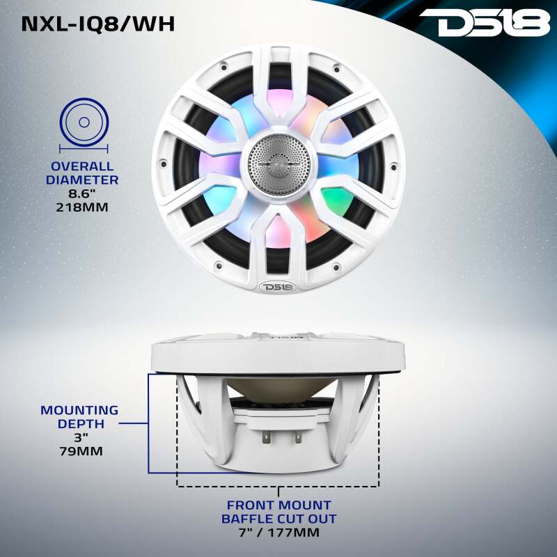 DS18 Marine 8in 2-Way 175 Watts RMS 4 ohm Digital LED Lights Bullet Tweeter Covers Included White
