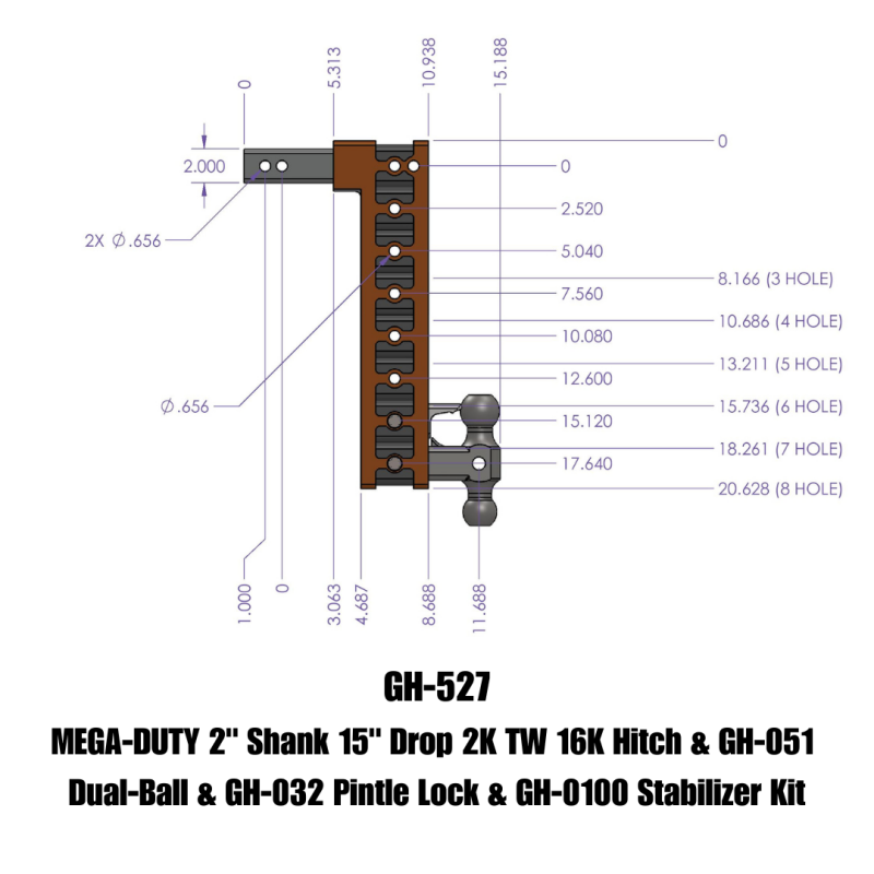 GEN-Y Hitch Gen-Y Mega Duty 2in Shank 15in Drop 16K Hitch w/Dual-Ball/Pintle Lock/Stabilizer Kit