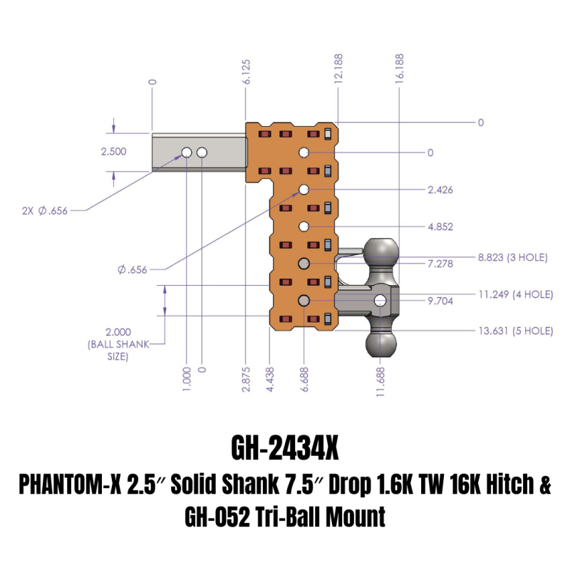 GEN-Y Hitch Gen-Y Phantom-X 2.5in Solid Shank 7.5in Drop 1.6K TW 16K Hitch w/GH-052 (No Flat Towing)