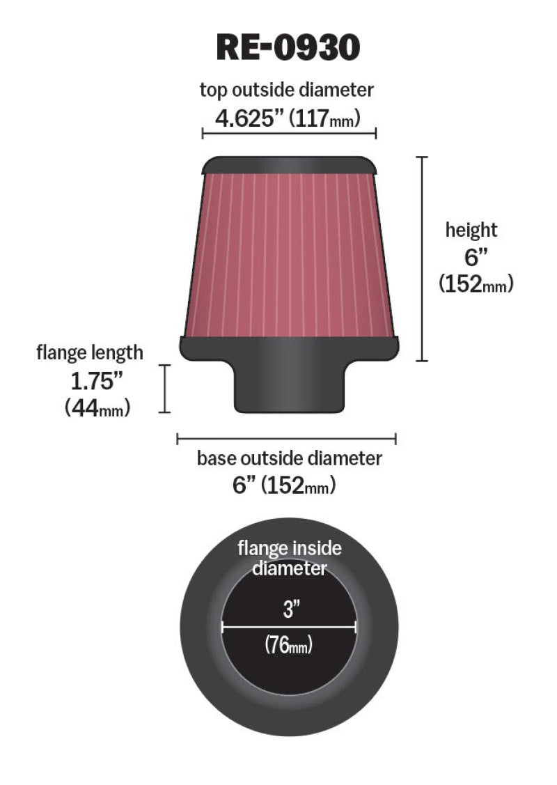 K&N Engineering K&N Universal Rubber Filter - Round Tapered 6in Base OD x 3in Flange ID x 6in H