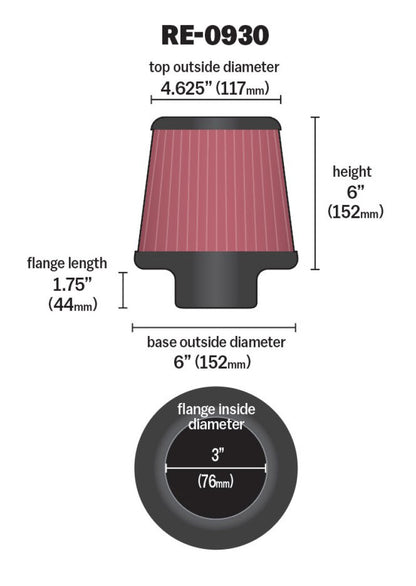 K&N Engineering K&N Universal Rubber Filter - Round Tapered 6in Base OD x 3in Flange ID x 6in H
