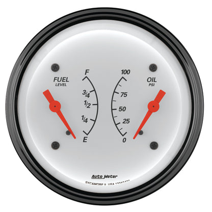 AutoMeter Gauge Dual Fuel & Oilp 3-3/8in. 0 Ohm(e) to 90 Ohm(f)& 100PSI Elec Arctic White