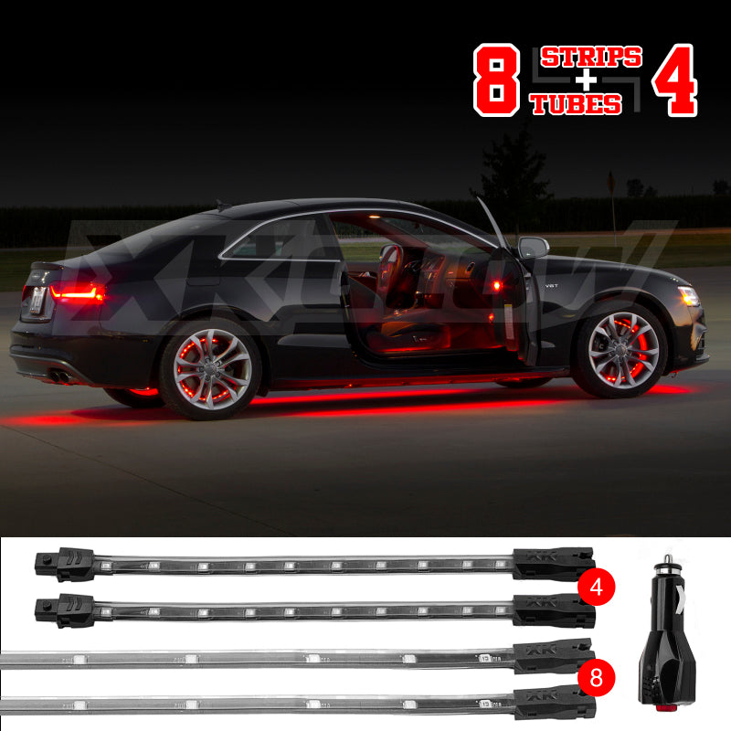 XKGLOW XK Glow Single Color XKGLOW UnderglowLED Accent Light Car/Truck Kit Red - 8x24In Tube + 4x8In Strip