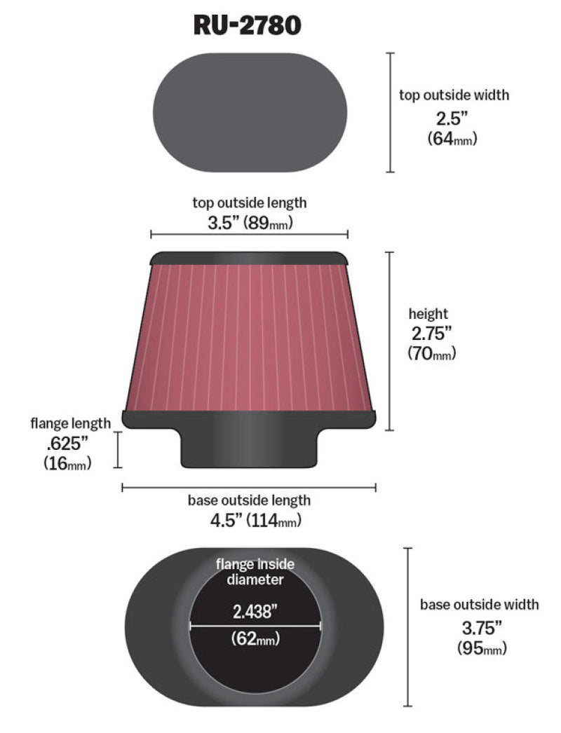 K&N Engineering K&N Filter Universal Rubber Filter 2 7/16 inch Flange 4.5x3.75 inch Base 3.5x2.5 inch Top 2.75 inch