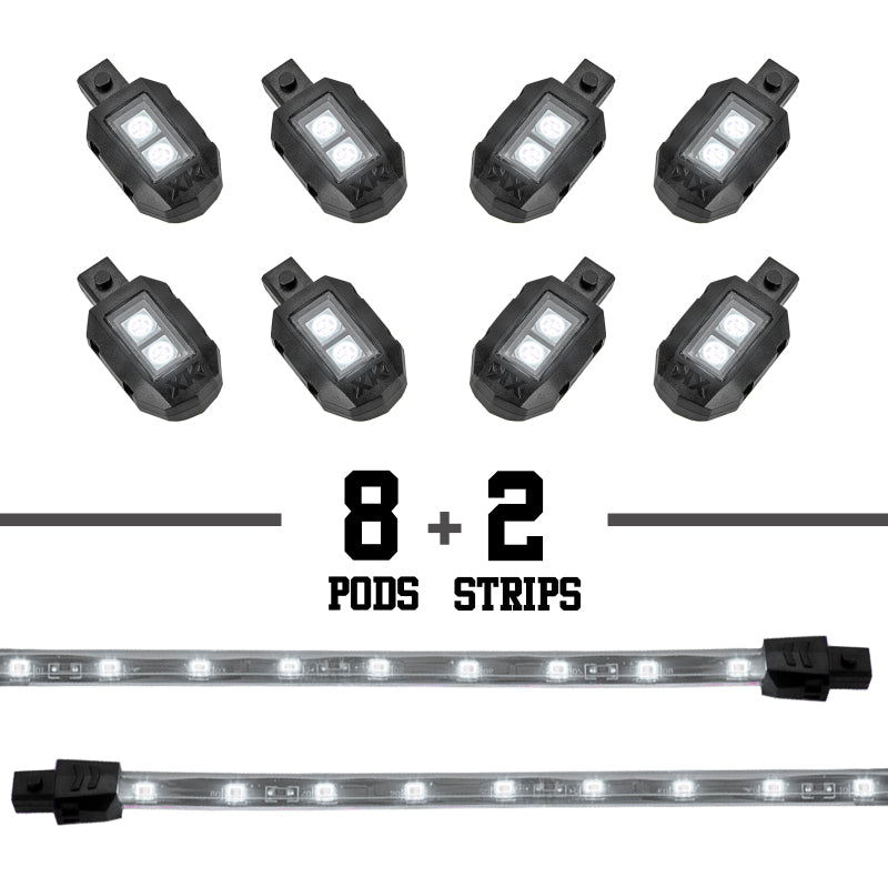 XKGLOW XK Glow Strips Single Color XKGLOW LED Accent Light Motorcycle Kit White - 8xPod + 2x8In