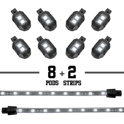 XKGLOW XK Glow Strips Single Color XKGLOW LED Accent Light Motorcycle Kit White - 8xPod + 2x8In