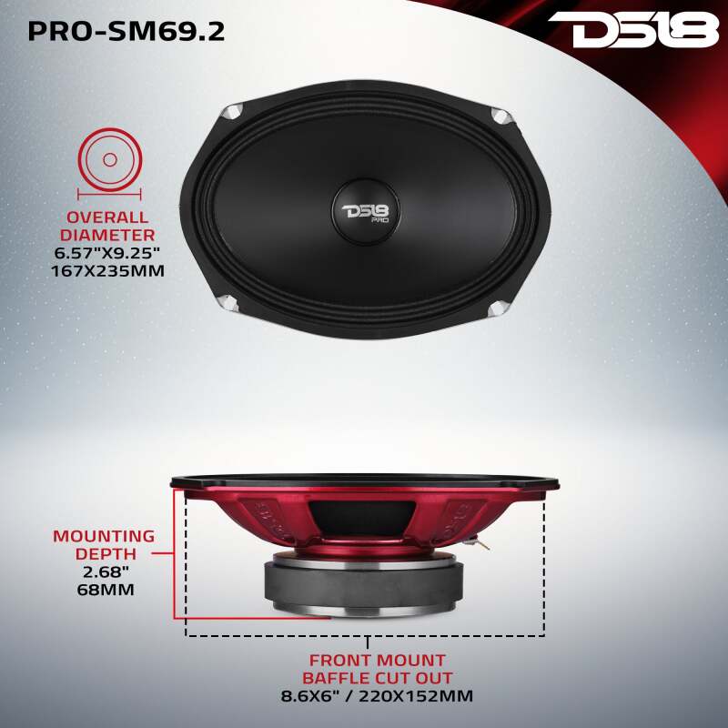 DS18 6x9in 250 Watts RMS 2 ohm Mid-Range Loudspeaker Shallow