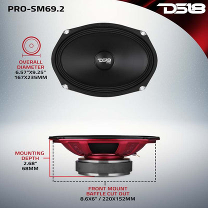 DS18 6x9in 250 Watts RMS 2 ohm Mid-Range Loudspeaker Shallow