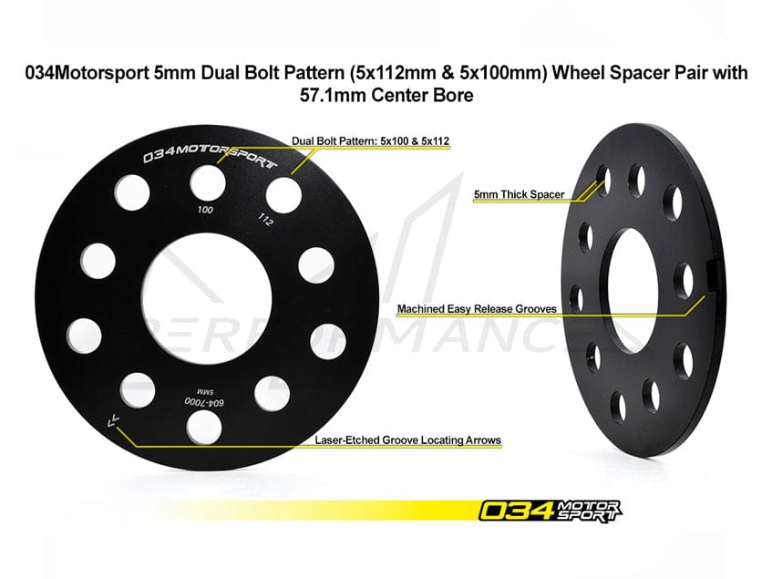 034Motorsport Wheel Spacer Pair, 5mm, Audi/Volkswagen 5x112mm & 5x100mm with 57.1mm Center Bore - ML Performance UK