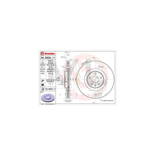 BREMBO 09.D938.11 Brake Disc for PORSCHE Macan (95B) Internally Vented, Slotted, Coated, High-carbon, with bolts/screws | ML Performance Car Parts