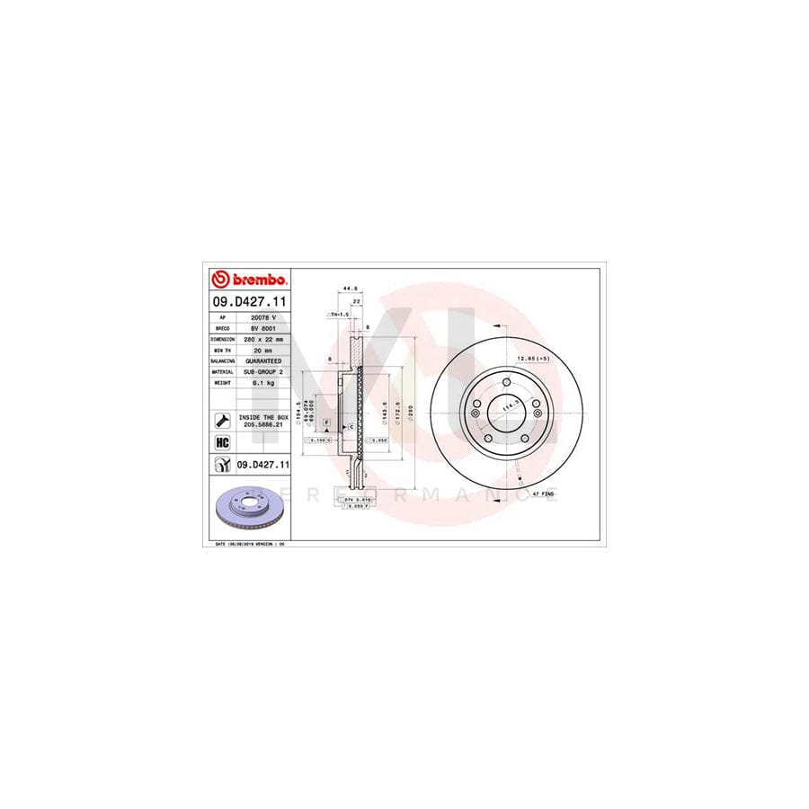 BREMBO 09.D427.11 Brake Disc Internally Vented, Coated, High-carbon, with bolts/screws | ML Performance Car Parts