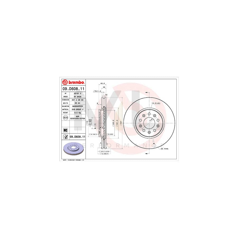 BREMBO 09.D608.11 Brake Disc Internally Vented, Coated, High-carbon | ML Performance Car Parts