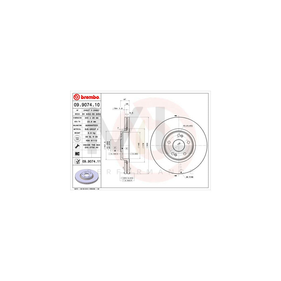 BREMBO 09.9074.10 Brake Disc for RENAULT LAGUNA Internally Vented, with bolts/screws | ML Performance Car Parts