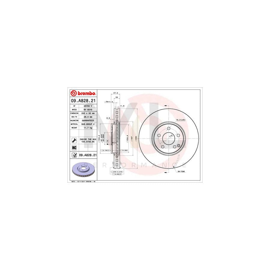 BREMBO 09.A828.21 Brake Disc suitable for MERCEDES-BENZ E-Class Internally Vented, Coated, High-carbon, with bolts/screws | ML Performance Car Parts