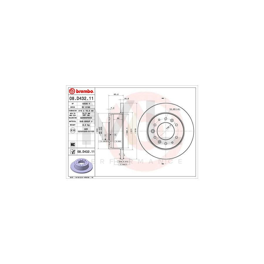 BREMBO 08.D432.11 Brake Disc for HYUNDAI H350 Solid, Coated, High-carbon | ML Performance Car Parts