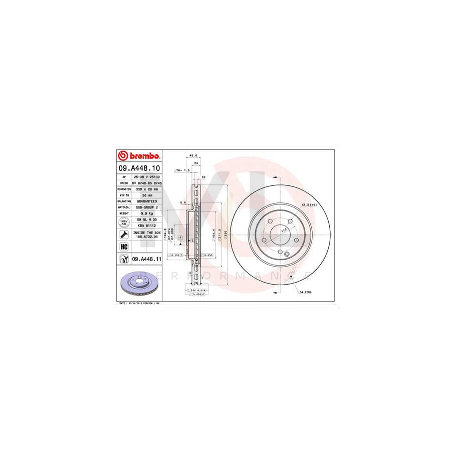BREMBO 09.A448.10 Brake Disc Internally Vented, High-carbon, with bolts/screws | ML Performance Car Parts