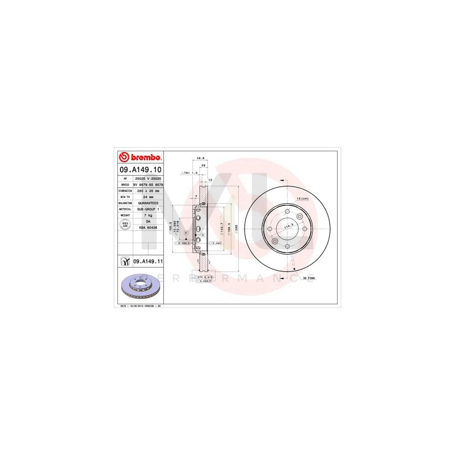 BREMBO COATED DISC LINE 09.A149.11 Brake Disc for KIA Carens II (FJ) Internally Vented, Coated | ML Performance Car Parts