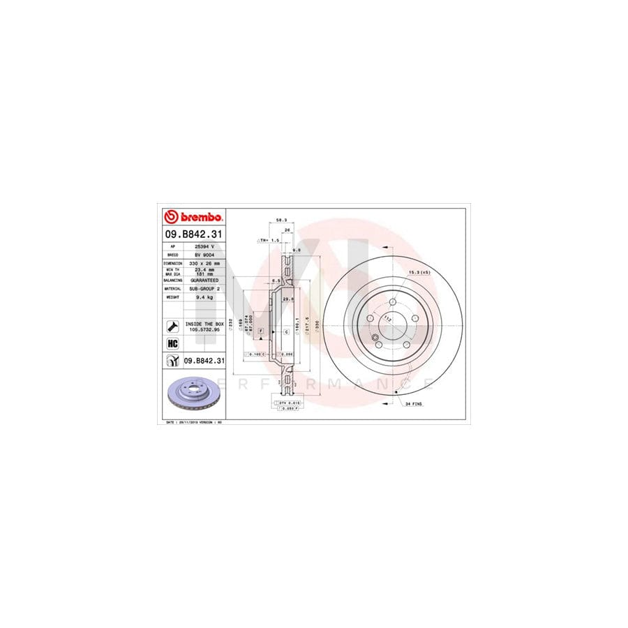 BREMBO COATED DISC LINE 09.B842.31 Brake Disc Internally Vented, Coated, High-carbon, with bolts/screws | ML Performance Car Parts