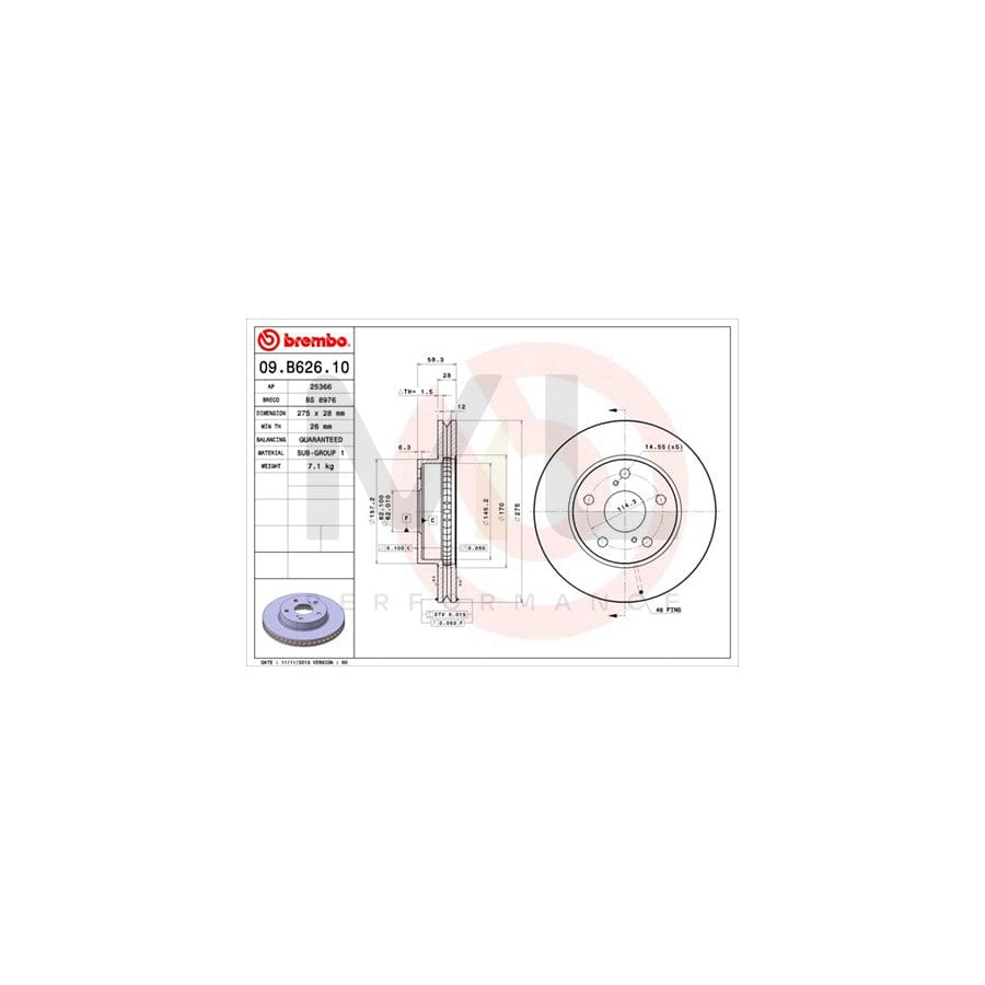 BREMBO 09.B626.10 Brake Disc for TOYOTA Hilux VII Pickup Internally Vented | ML Performance Car Parts