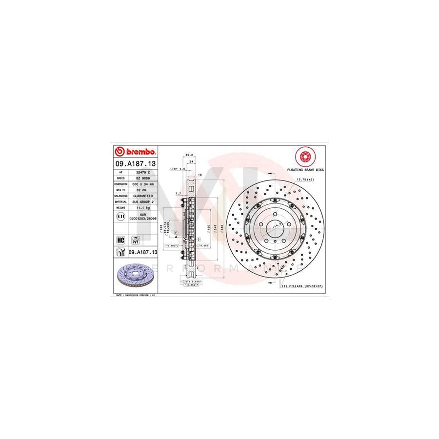 BREMBO TWO-PIECE FLOATING DISCS LINE 09.A187.13 Brake Disc for NISSAN GT-R (R35) Perforated / Vented, Two-piece brake disc, Coated, High-carbon | ML Performance Car Parts