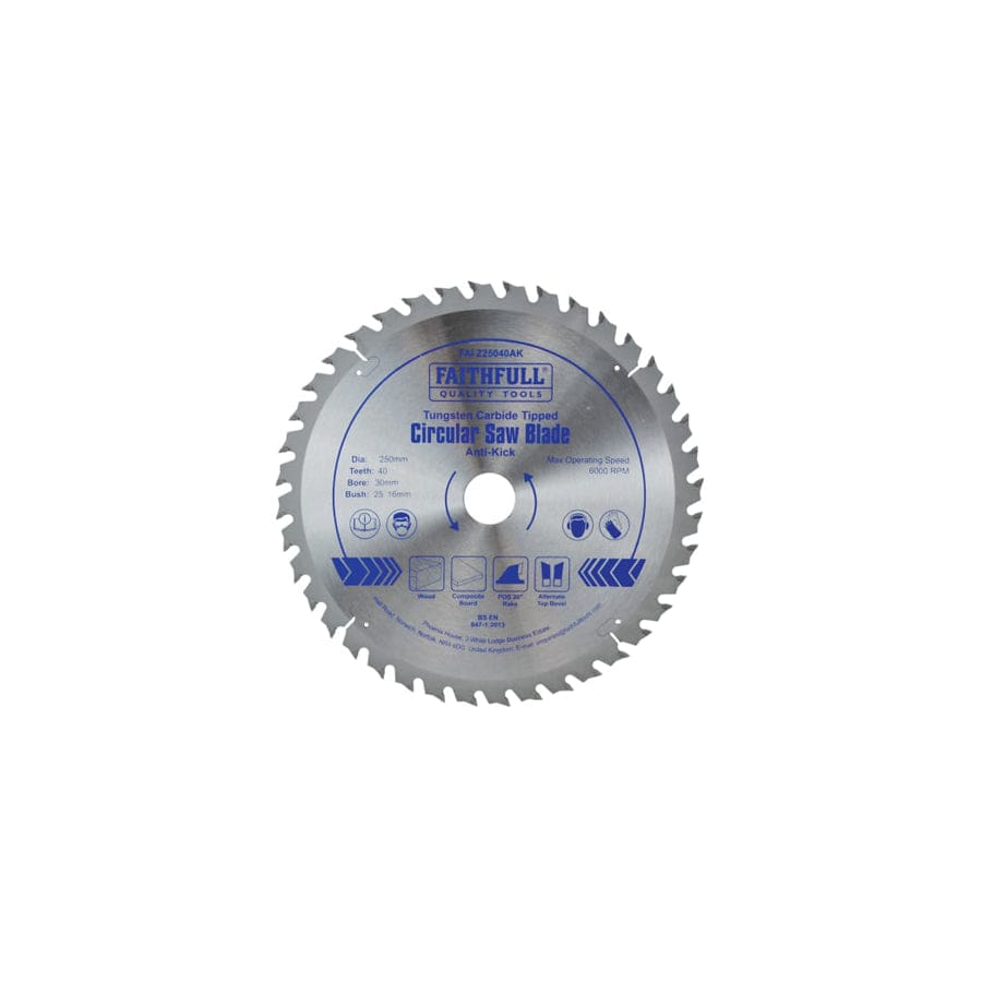 Faithfull FAIZ25040AK Circular Saw Blade Anti Kick 250 x 30mm x 40T | ML Performance UK