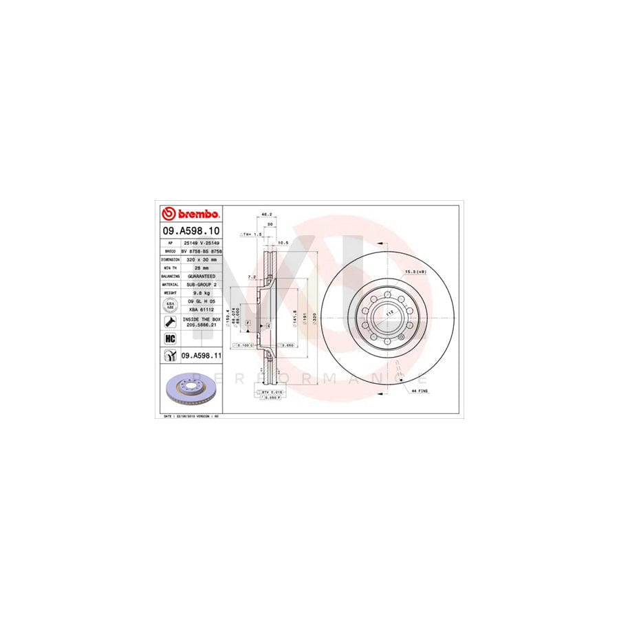 BREMBO 09.A598.10 Brake Disc Internally Vented, High-carbon, with bolts/screws | ML Performance Car Parts