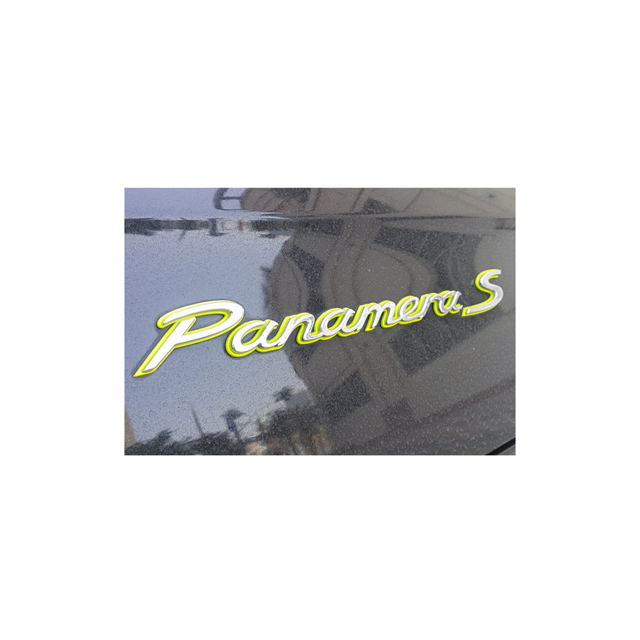Genuine Porsche Panamera S In Chrome And Acid Green Rear Lid Badge For Porsche 970 Panamera S Hybrid | ML Performance UK Car Parts