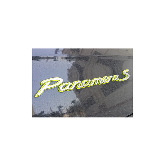 Genuine Porsche Panamera S In Chrome And Acid Green Rear Lid Badge For Porsche 970 Panamera S Hybrid | ML Performance UK Car Parts