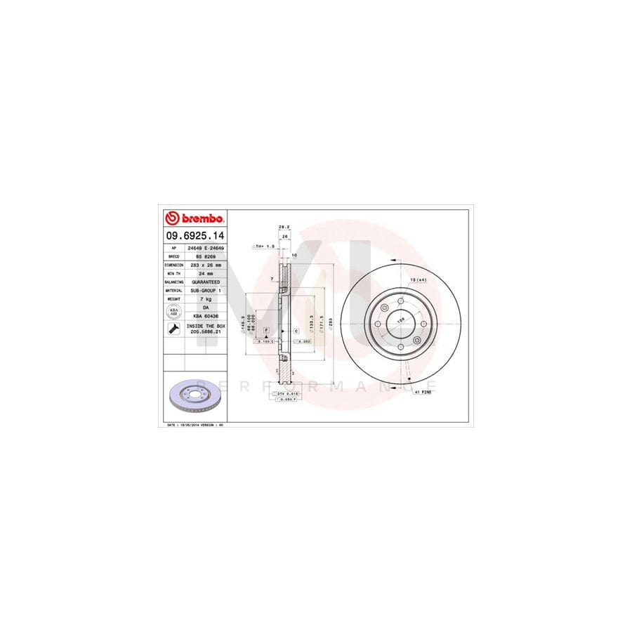 BREMBO 09.6925.14 Brake Disc for CITROEN XANTIA Internally Vented, with bolts/screws | ML Performance Car Parts