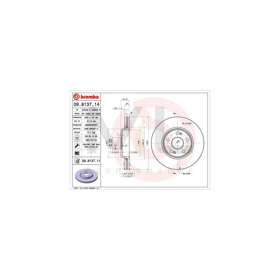 BREMBO 09.8137.11 Brake Disc Internally Vented, Coated, High-carbon, with bolts/screws | ML Performance Car Parts