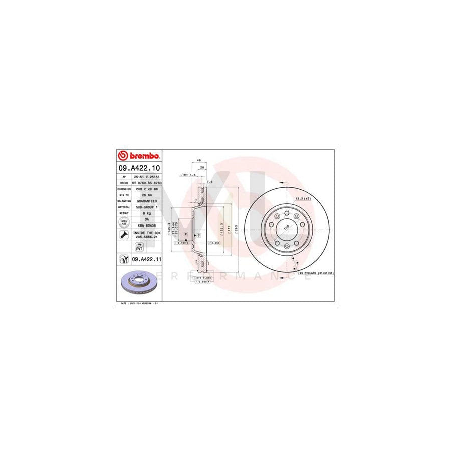 BREMBO 09.A422.10 Brake Disc Internally Vented, with bolts/screws | ML Performance Car Parts