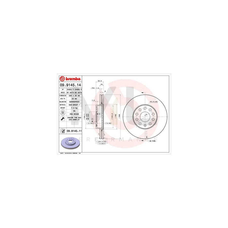 BREMBO 09.9145.14 Brake Disc Internally Vented, with bolts/screws | ML Performance Car Parts