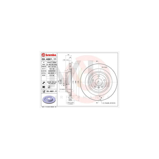 BREMBO COATED DISC LINE 09.A961.11 Brake Disc Internally Vented, Coated, High-carbon, with bolts/screws | ML Performance Car Parts